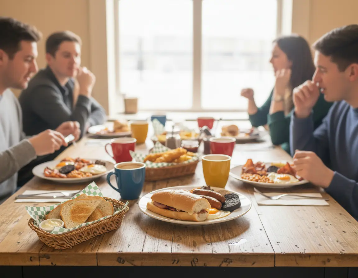 Friends sharing an Irish breakfast at Ma Mooney's